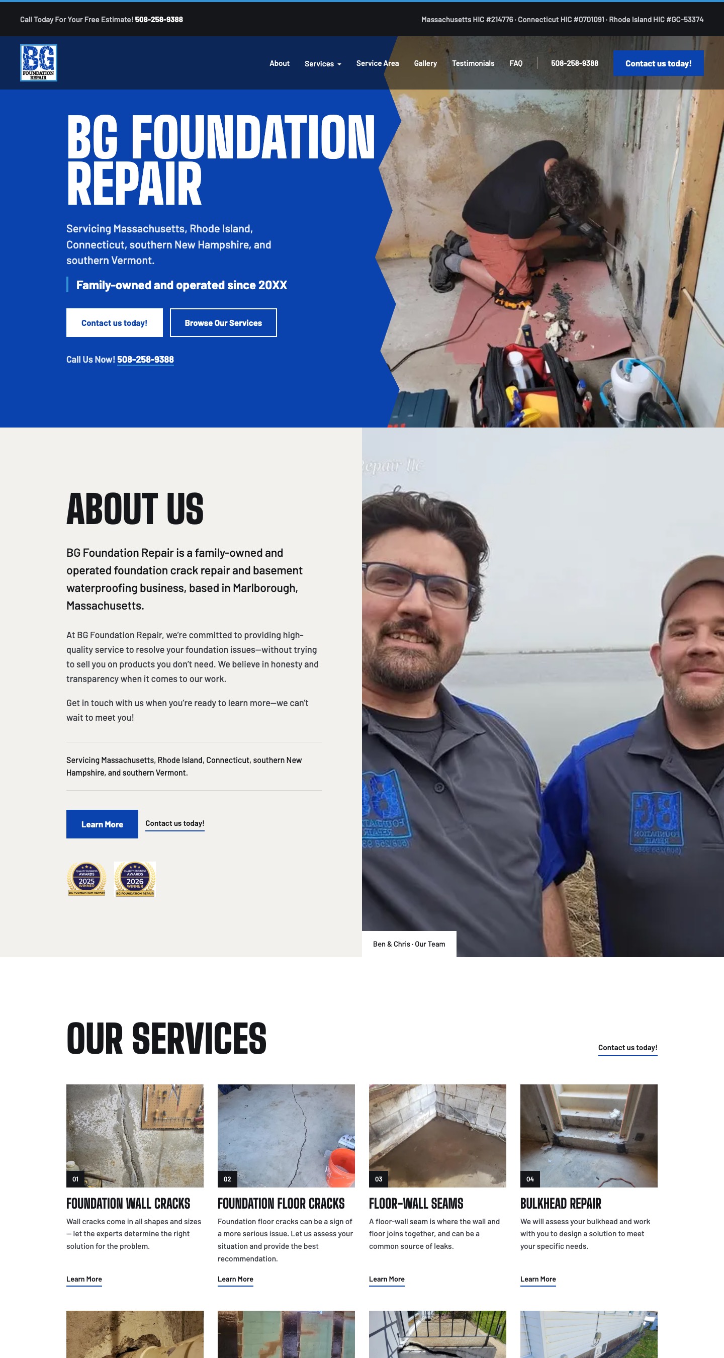 BG Foundation Repair homepage on a desktop screen